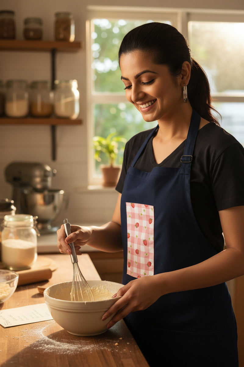 Woman wearing a blue  apron with a pattern on a white background