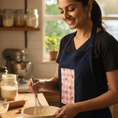 Woman wearing a blue  apron with a pattern on a white background