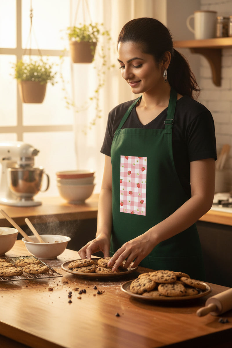 Woman wearing a green apron with a red and white pattern on a white background