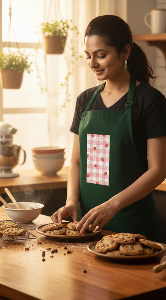 Woman wearing a green apron with a red and white pattern on a white background