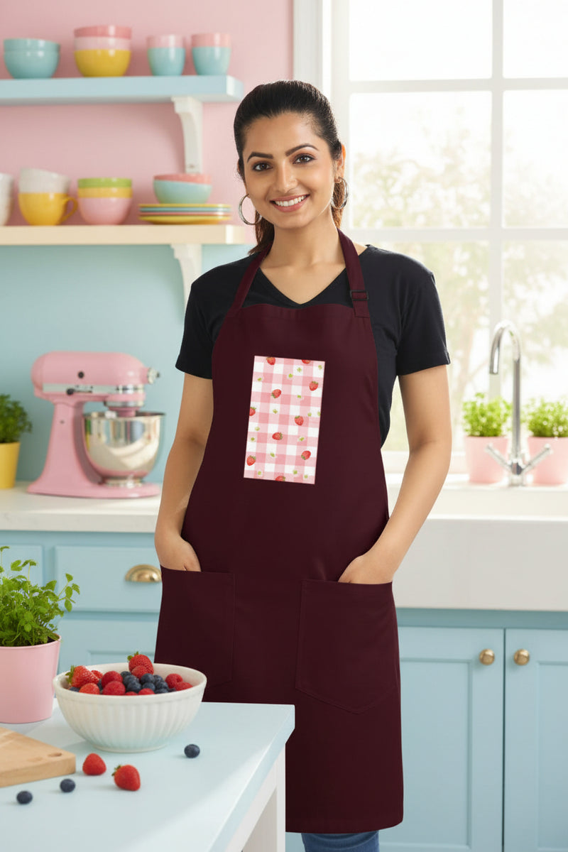 Woman wearing a maroon apron with a patterned pocket on a white background