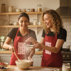 Woman wearing a red apron with a pattern on a white background