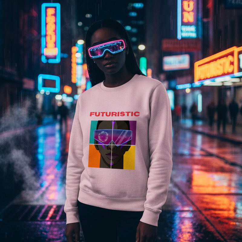 Pink sweatshirt with a graphic design featuring a person wearing futuristic goggles and the word 'FUTURISTIC' on a white background.