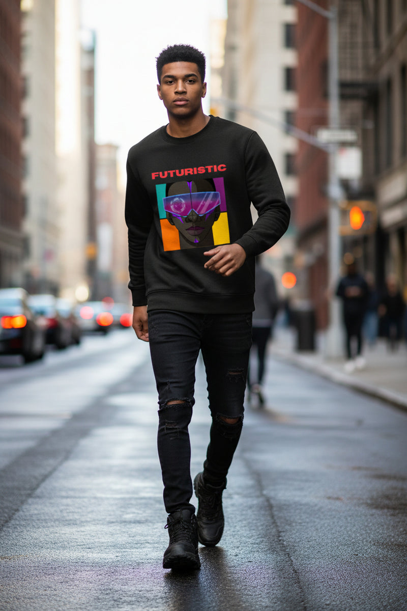 Black sweatshirt with a graphic of a person wearing goggles and the word 'Futuristic' on a white background