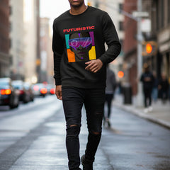 Black sweatshirt with a graphic of a person wearing goggles and the word 'Futuristic' on a white background