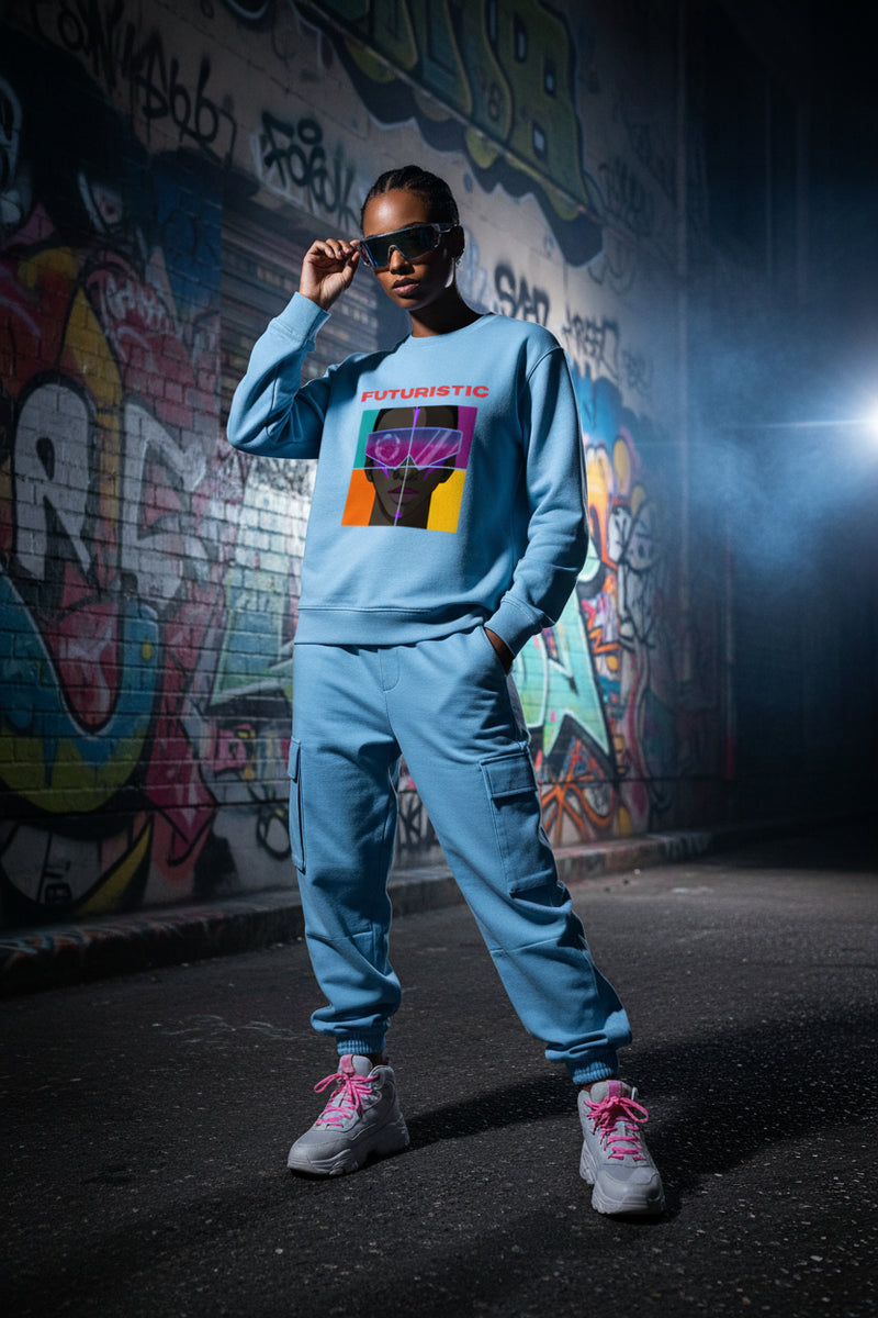 Light blue sweatshirt with a graphic design and the word 'FUTURISTIC' on a white background