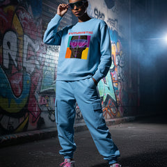 Light blue sweatshirt with a graphic design and the word 'FUTURISTIC' on a white background