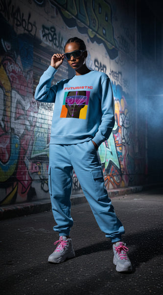 Light blue sweatshirt with a graphic design and the word 'FUTURISTIC' on a white background
