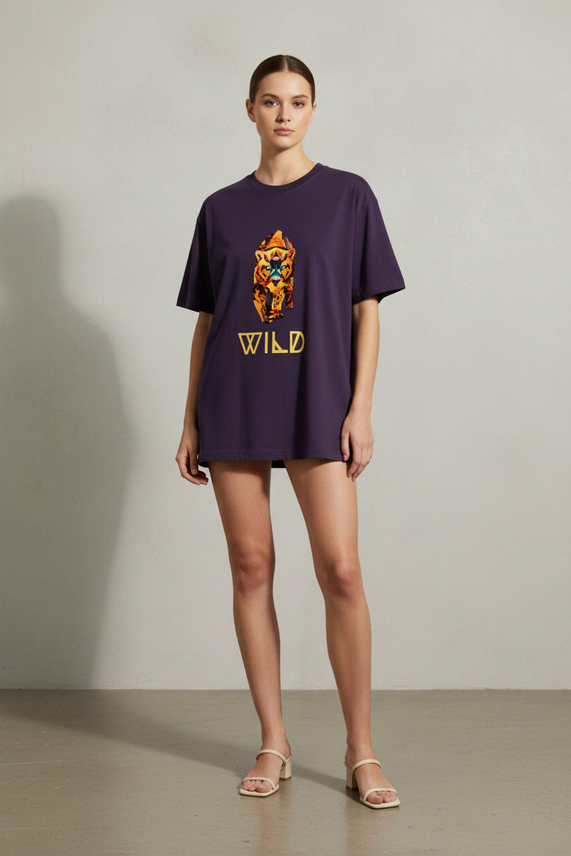 Purple t-shirt with a tiger graphic and 'WILD' text on a white background