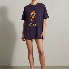 Purple t-shirt with a tiger graphic and 'WILD' text on a white background