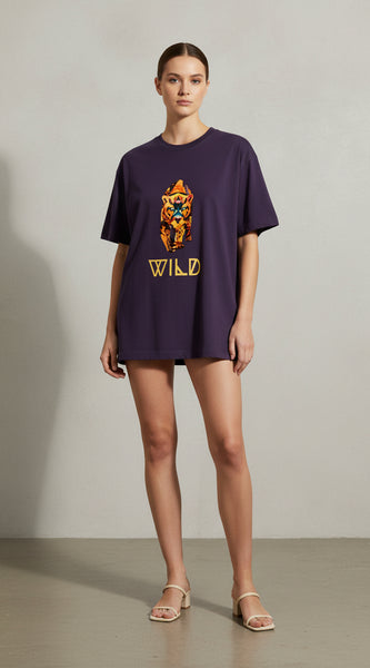 Purple t-shirt with a tiger graphic and 'WILD' text on a white background
