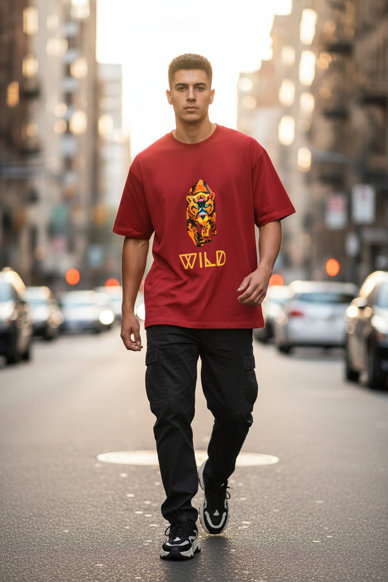 Red t-shirt with a tiger graphic and 'WILD' text on a white background