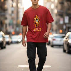 Red t-shirt with a tiger graphic and 'WILD' text on a white background