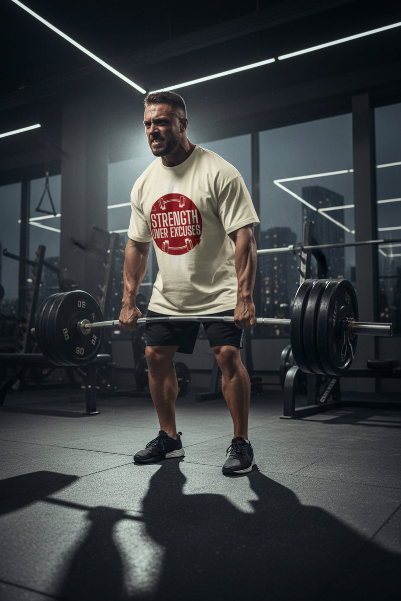 White t-shirt with a red graphic and 'Strength Over Excuses' text on a white background