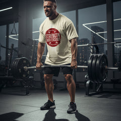 White t-shirt with a red graphic and 'Strength Over Excuses' text on a white background