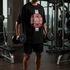 Black t-shirt with red graphic and 'Strength Over Excuses' text on a white background