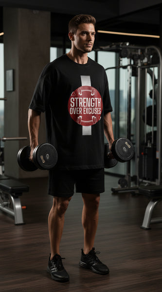 Black t-shirt with red graphic and 'Strength Over Excuses' text on a white background