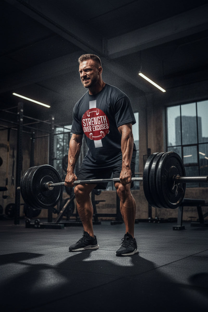 Blue t-shirt with red graphic and 'Strength Over Excuses' text on a white background