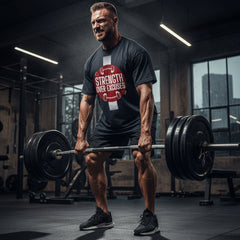 Blue t-shirt with red graphic and 'Strength Over Excuses' text on a white background