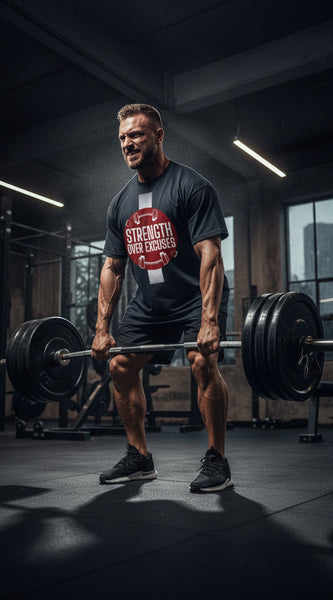 Blue t-shirt with red graphic and 'Strength Over Excuses' text on a white background