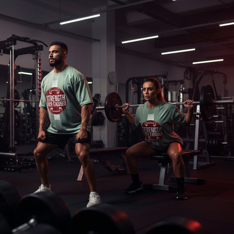 Jade t-shirt with 'Strength Over Excuses' graphic on a white background
