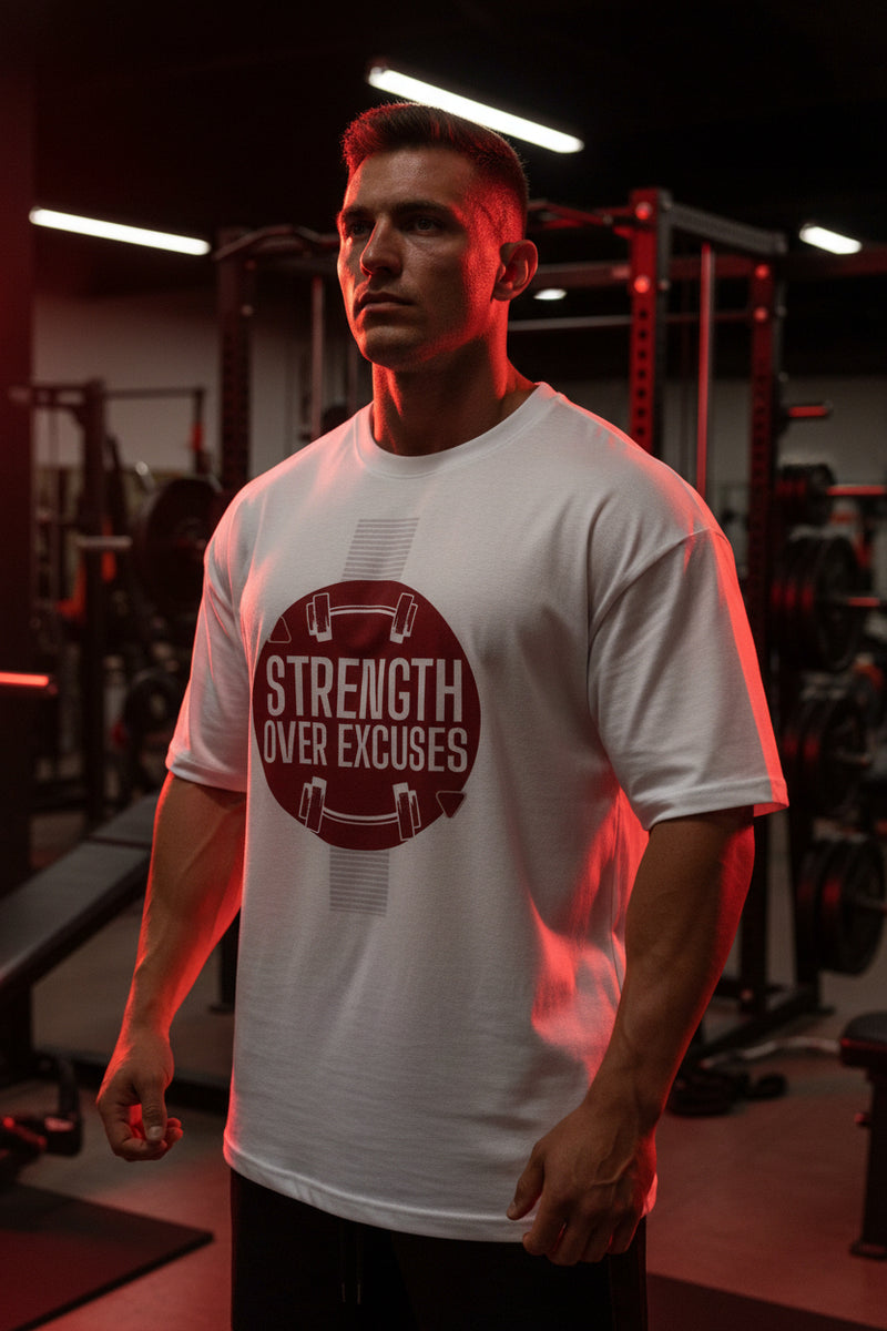 White t-shirt with a red circular logo and text 'Strength Over Excuses' on a white background