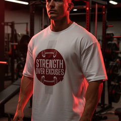 White t-shirt with a red circular logo and text 'Strength Over Excuses' on a white background