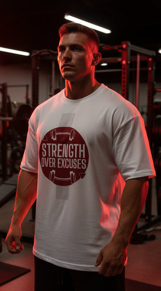 White t-shirt with a red circular logo and text 'Strength Over Excuses' on a white background
