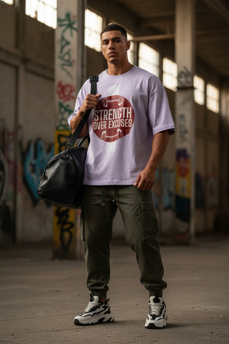 Light purple t-shirt with 'Strength Over Excuses' graphic on a white background