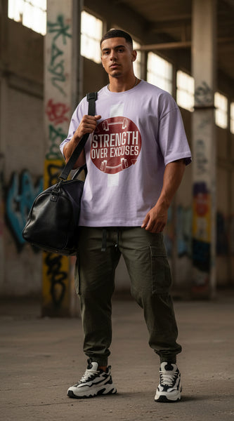 Light purple t-shirt with 'Strength Over Excuses' graphic on a white background