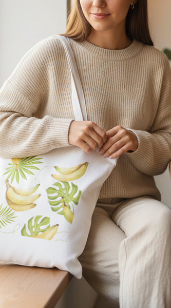Tote bag with banana and leaf design held by a hand against a white background