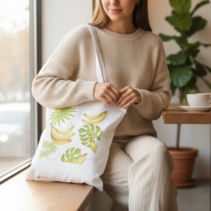 Tote bag with banana and leaf design held by a hand against a white background