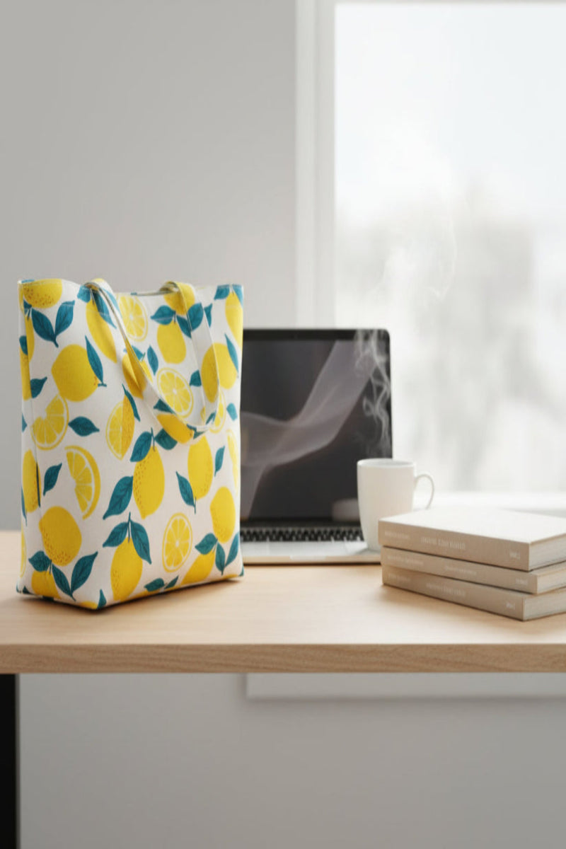 Vertical rectangular panel with lemon and blue abstract design on a white background