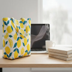 Vertical rectangular panel with lemon and blue abstract design on a white background