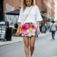 Person wearing a colorful floral skirt with a white background