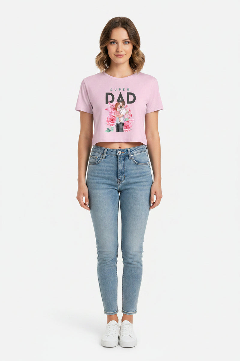 Pink t-shirt with 'Super Dad' graphic on a white background
