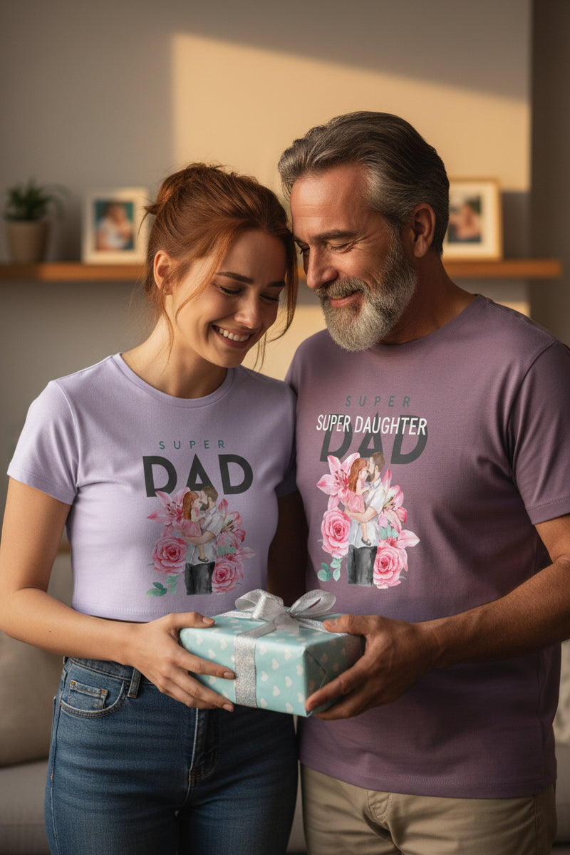 Lavender t-shirt with 'Super Dad' text and graphic on a white background