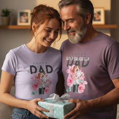 Lavender t-shirt with 'Super Dad' text and graphic on a white background