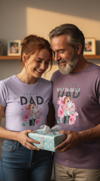 Lavender t-shirt with 'Super Dad' text and graphic on a white background