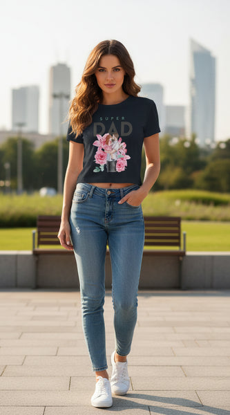 Navy blue t-shirt with 'Super Dad' graphic featuring a father and child holding flowers on a white background
