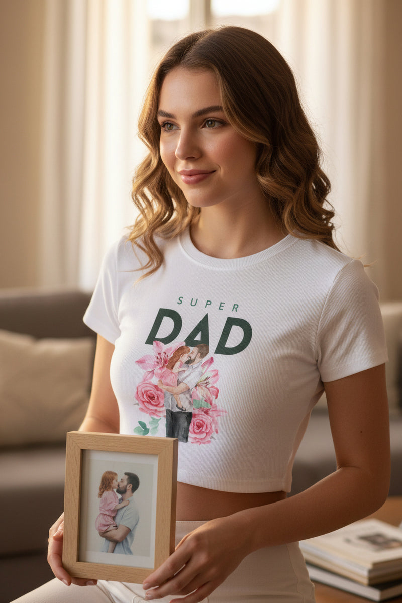 White t-shirt with 'Super Dad' text and graphic on a white background