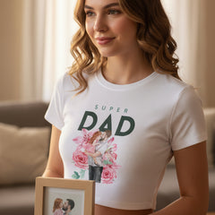 White t-shirt with 'Super Dad' text and graphic on a white background