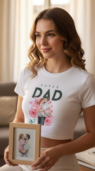 White t-shirt with 'Super Dad' text and graphic on a white background