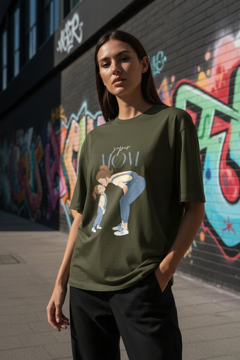 Green t-shirt with a graphic of a mother and child and the text 'Super Mom' on a white background.