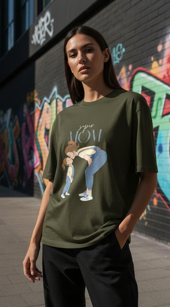 Green t-shirt with a graphic of a mother and child and the text 'Super Mom' on a white background.