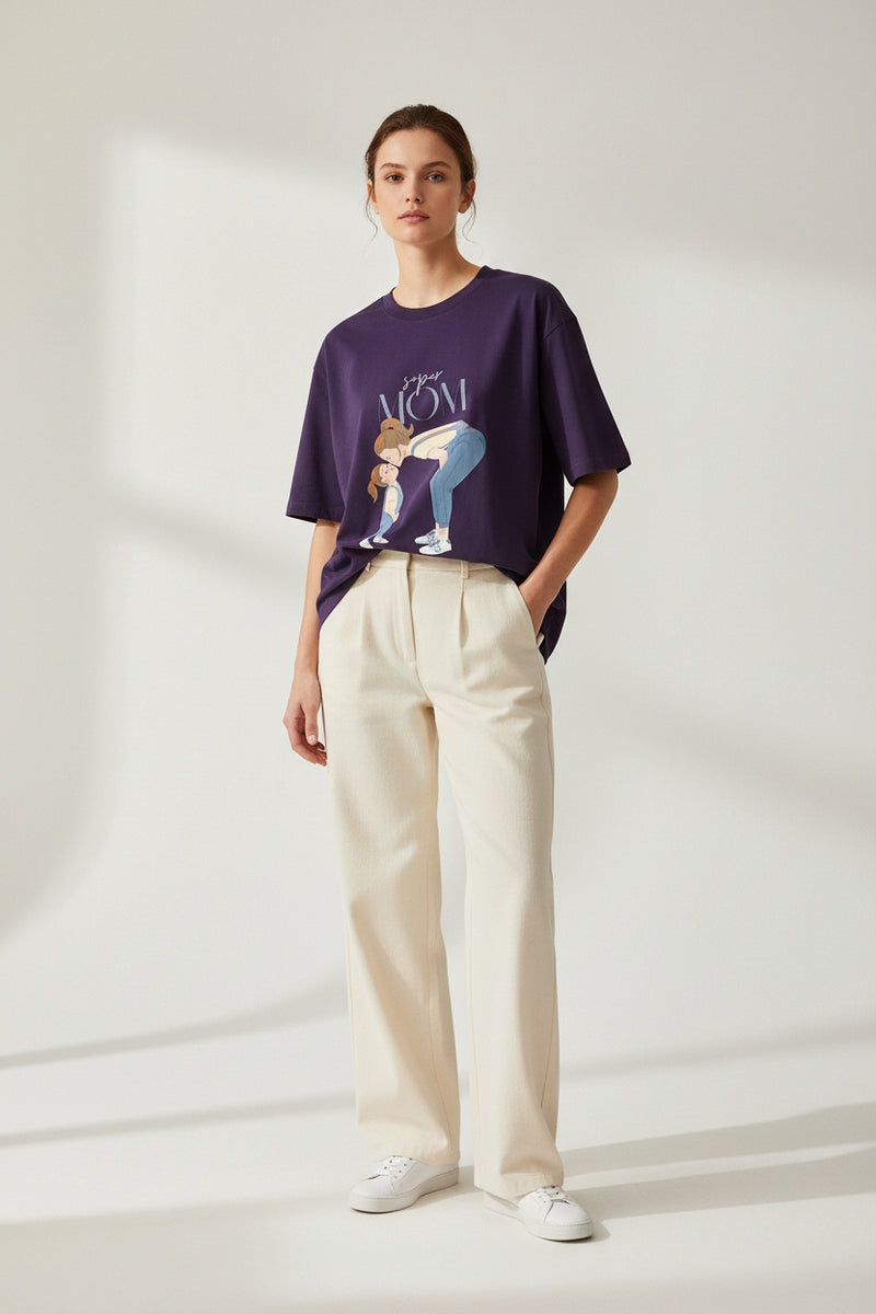 Purple t-shirt with a graphic of a woman and child and 'Super Mom' text on a white background