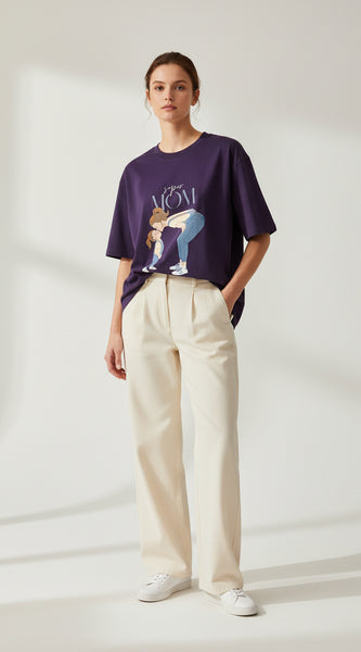 Purple t-shirt with a graphic of a woman and child and 'Super Mom' text on a white background