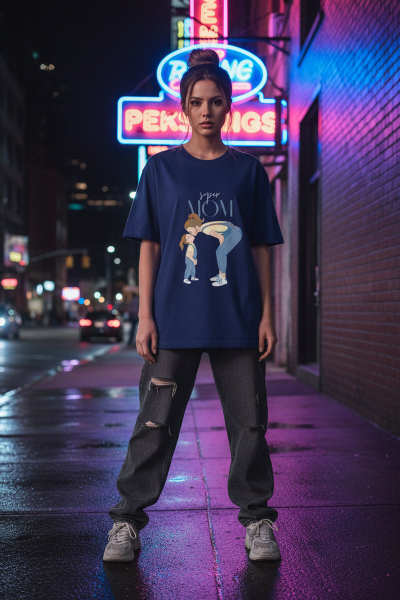 Navy blue t-shirt with a graphic of a mother and child and 'Super Mom' text on a white background
