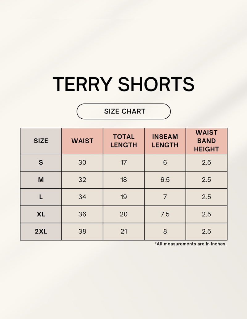 Size chart for terry shorts with measurements in inches.