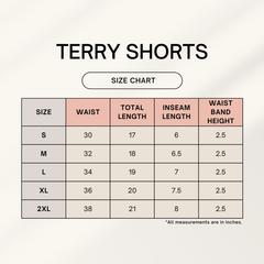 Size chart for terry shorts with measurements in inches.